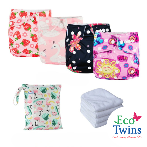 Pack de 4 Pañales de Tela Reutilizable + Insertos y Bolsa Impermeable
