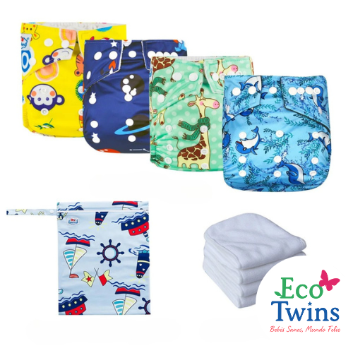Pack de 4 Pañales de Tela Reutilizable + Insertos y Bolsa Impermeable